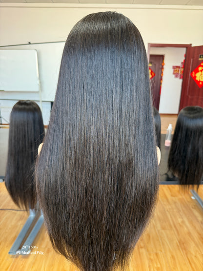 Natural Black Middle-Part Long Straight Human Hair PU Patchwork Full Lace Medical Wig view 7