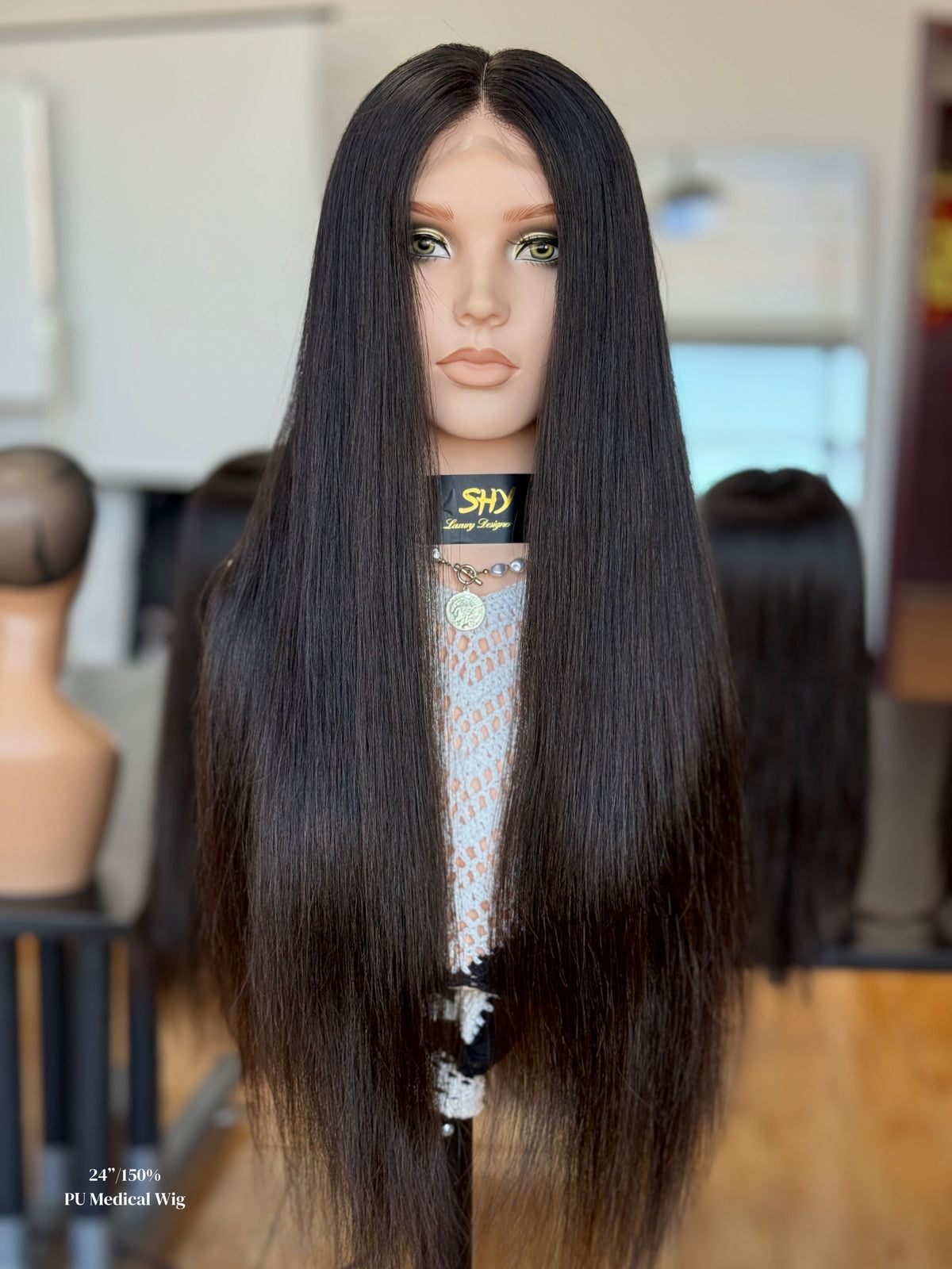 Natural Black Middle-Part Extra Long Straight Human Hair PU Patchwork Full Lace Medical Wig front view