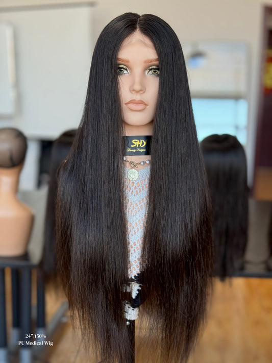 Natural Black Middle-Part Extra Long Straight Human Hair PU Patchwork Full Lace Medical Wig front view