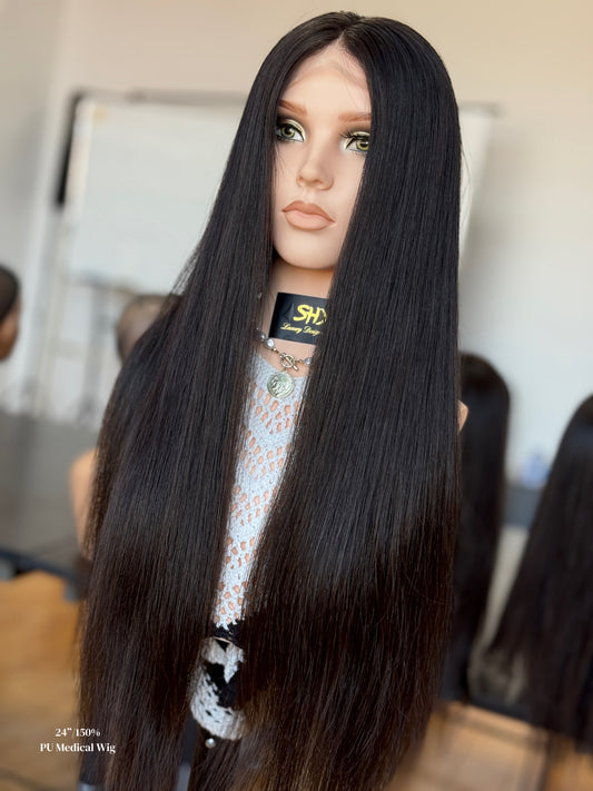 Natural Black Middle-Part Extra Long Straight Human Hair PU Patchwork Full Lace Medical Wig view 2 — alternate view