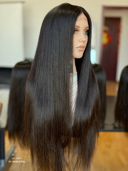 Natural Black Middle-Part Extra Long Straight Human Hair PU Patchwork Full Lace Medical Wig view 3