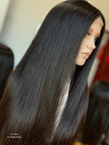 Natural Black Middle-Part Extra Long Straight Human Hair PU Patchwork Full Lace Medical Wig view 4