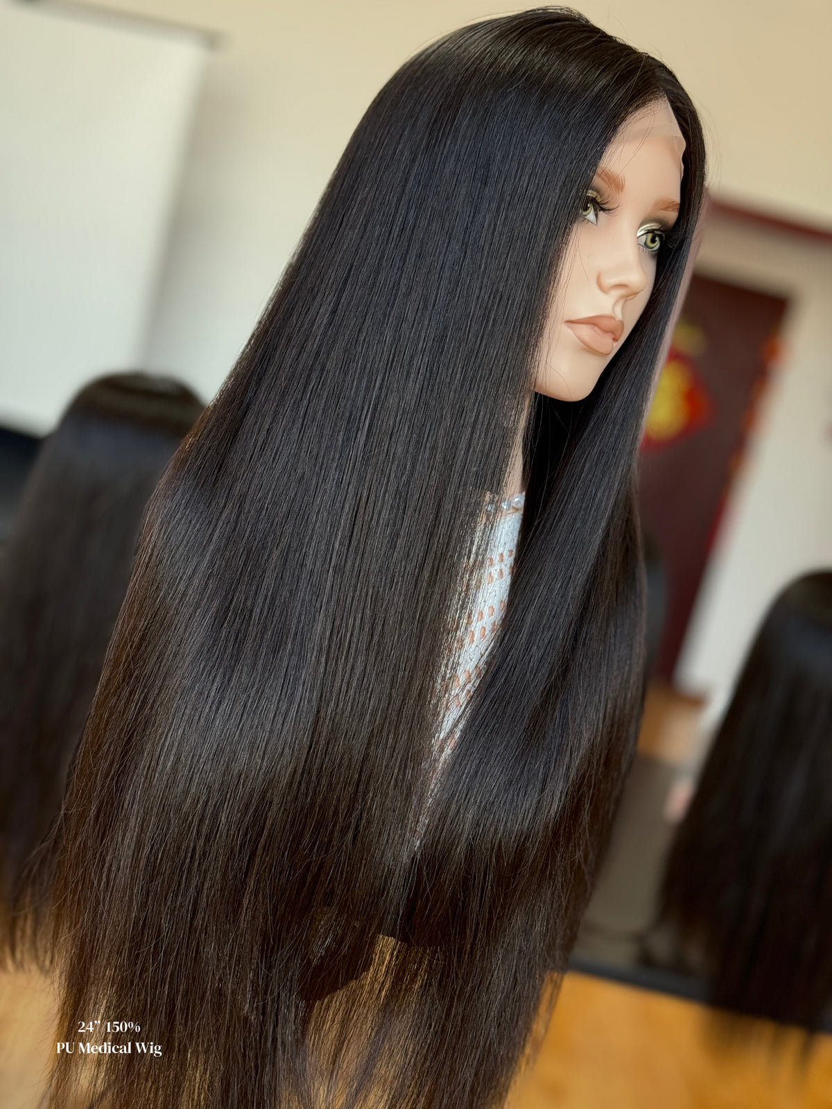 Natural Black Middle-Part Extra Long Straight Human Hair PU Patchwork Full Lace Medical Wig view 5