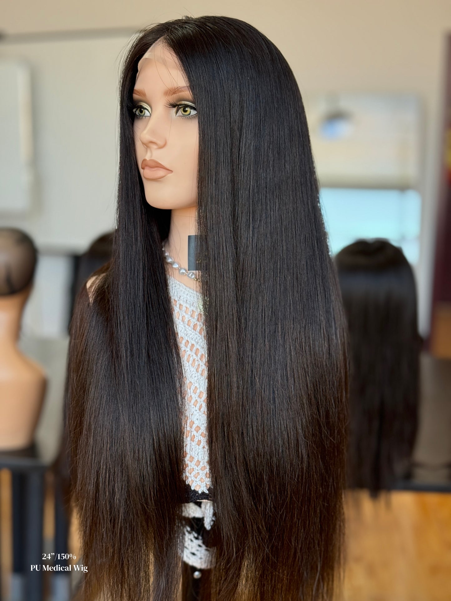 Natural Black Middle-Part Extra Long Straight Human Hair PU Patchwork Full Lace Medical Wig view 6
