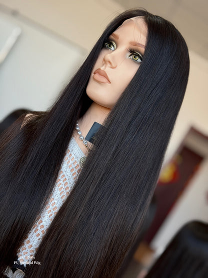 Natural Black Middle-Part Extra Long Straight Human Hair PU Patchwork Full Lace Medical Wig view 7