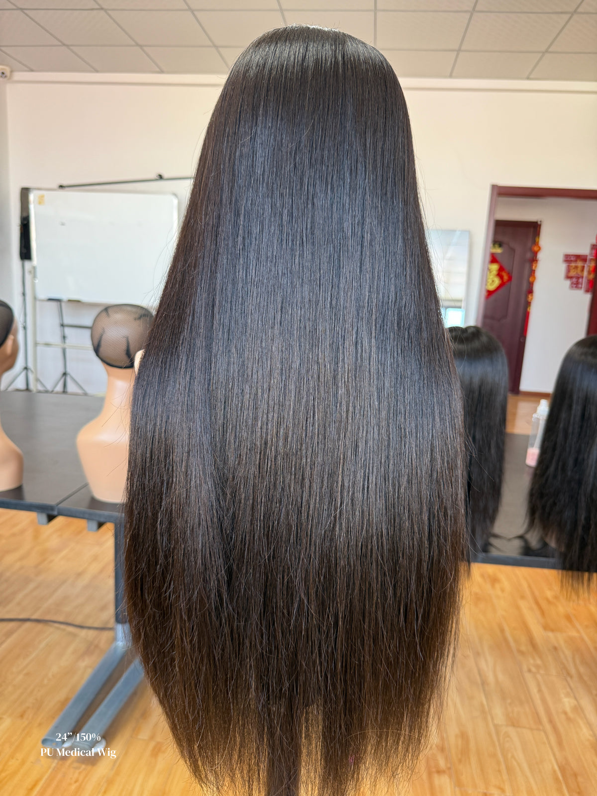 Natural Black Middle-Part Extra Long Straight Human Hair PU Patchwork Full Lace Medical Wig view 8