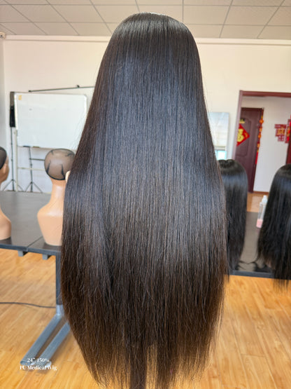 Natural Black Middle-Part Extra Long Straight Human Hair PU Patchwork Full Lace Medical Wig view 8