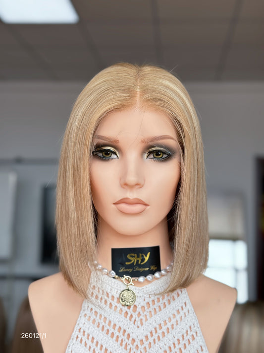 HD 13x5 Champagne Blonde Middle-Part Straight Human Hair Patch Lace Front Bob Wig front view