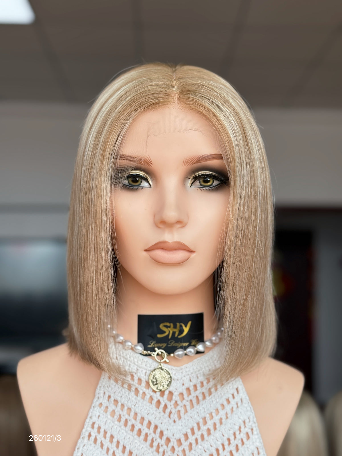 HD 13x5 Beige Blonde Highlighted Middle-Part Straight Human Hair Patch Lace Front Bob Wig front view