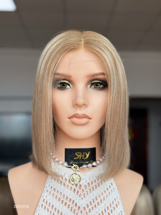 HD 13x5 Beige Blonde Highlighted Middle-Part Straight Human Hair Patch Lace Front Bob Wig front view
