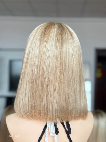 HD 13x5 Beige Blonde Highlighted Middle-Part Straight Human Hair Patch Lace Front Bob Wig view 7