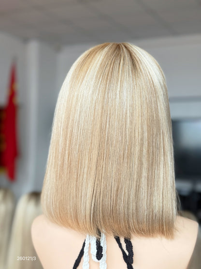 HD 13x5 Beige Blonde Highlighted Middle-Part Straight Human Hair Patch Lace Front Bob Wig view 8
