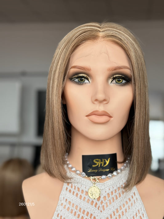 HD 13x5 Ash Brown Beige Highlighted Middle-Part Straight Human Hair Patch Lace Front Bob Wig front view