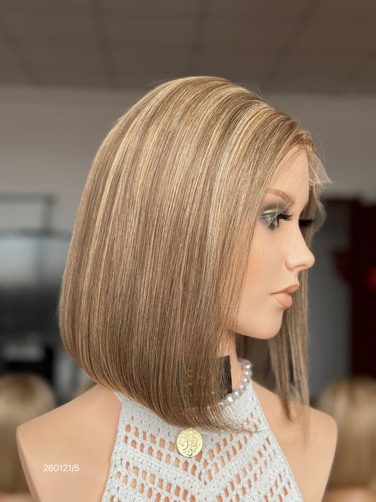 HD 13x5 Ash Brown Beige Highlighted Middle-Part Straight Human Hair Patch Lace Front Bob Wig view 2 — alternate view