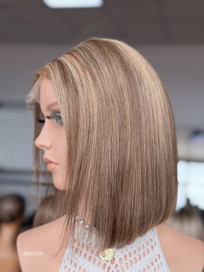HD 13x5 Ash Brown Beige Highlighted Middle-Part Straight Human Hair Patch Lace Front Bob Wig view 4