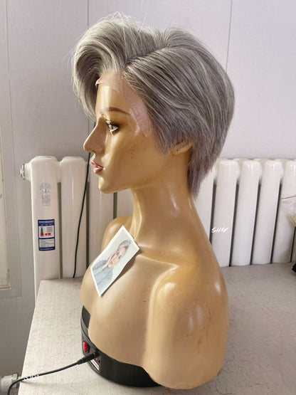 PU Full Lace Silver Gray Salt-and-Pepper Side-Swept Pixie Human Hair Medical Wig product view 2