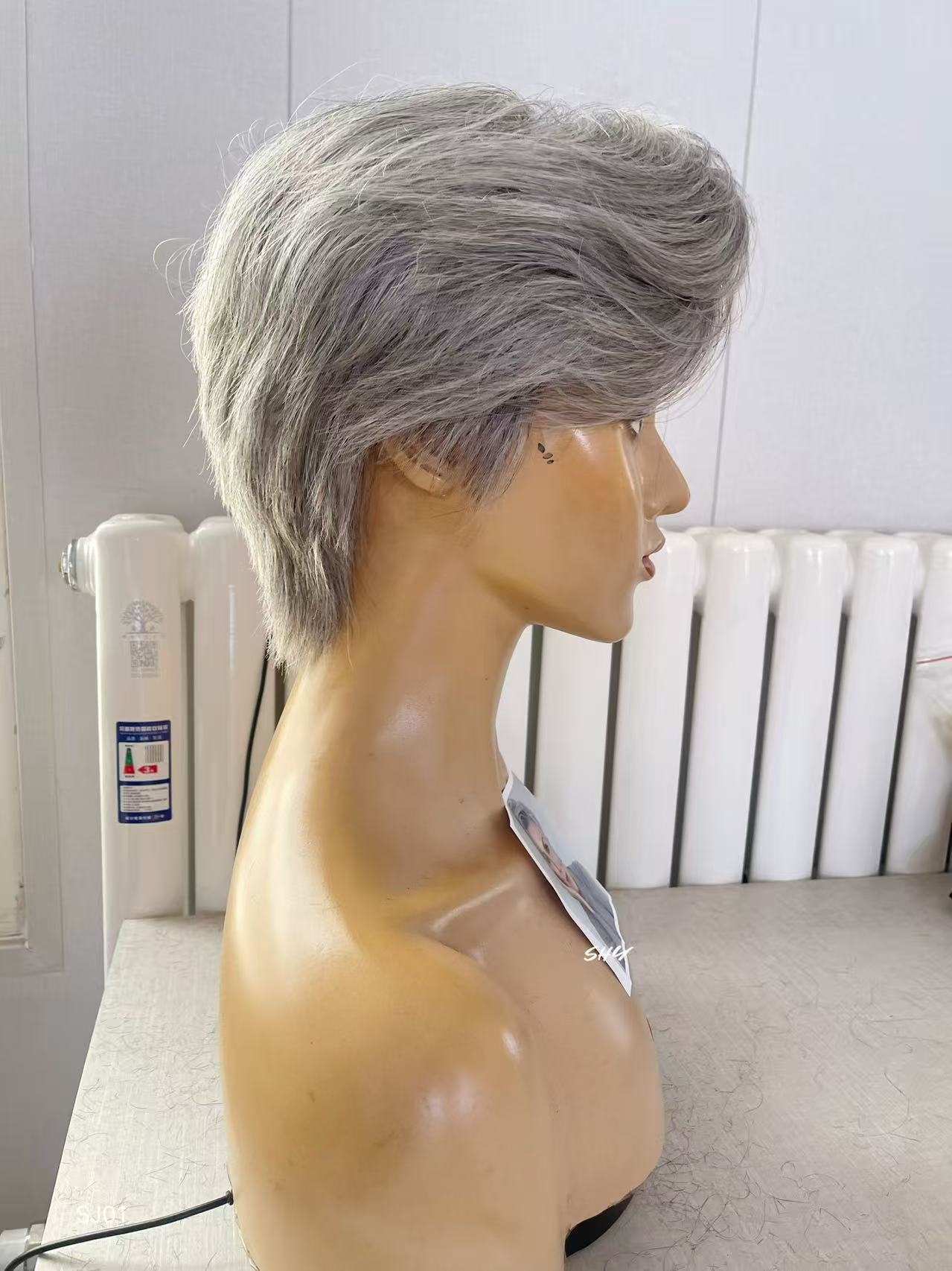 PU Full Lace Silver Gray Salt-and-Pepper Side-Swept Pixie Human Hair Medical Wig product view 3