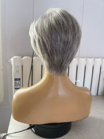 PU Full Lace Silver Gray Salt-and-Pepper Side-Swept Pixie Human Hair Medical Wig product view 4