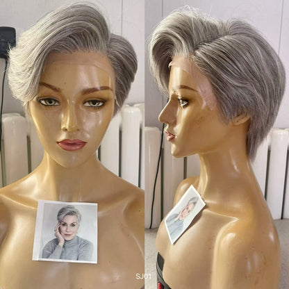 PU Full Lace Silver Gray Salt-and-Pepper Side-Swept Pixie Human Hair Medical Wig product view 5