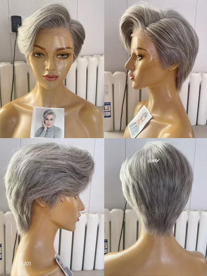 PU Full Lace Silver Gray Salt-and-Pepper Side-Swept Pixie Human Hair Medical Wig product view 6