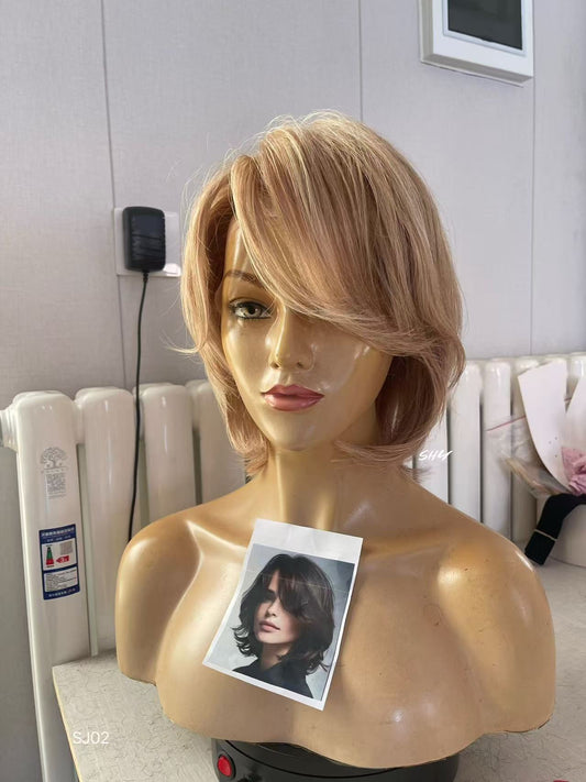 Sandy Beige Blonde Highlighted Layered Pixie Human Hair PU Patchwork Full Lace Medical Wig front view