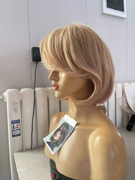 Sandy Beige Blonde Highlighted Layered Pixie Human Hair PU Patchwork Full Lace Medical Wig view 2 — alternate view