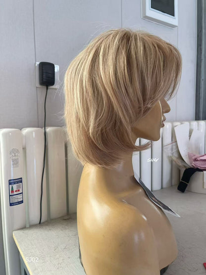 Sandy Beige Blonde Highlighted Layered Pixie Human Hair PU Patchwork Full Lace Medical Wig view 4