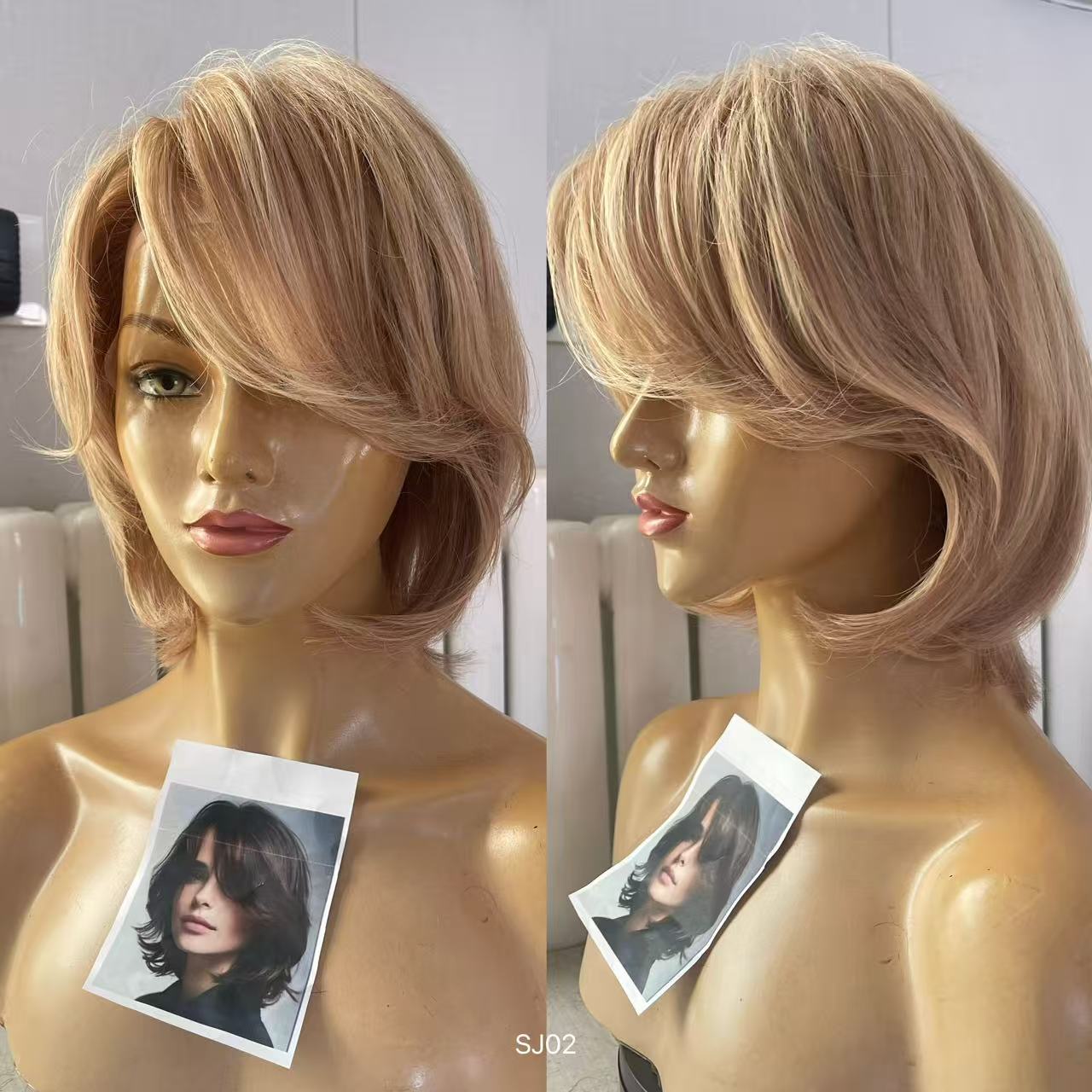 Sandy Beige Blonde Highlighted Layered Pixie Human Hair PU Patchwork Full Lace Medical Wig view 5