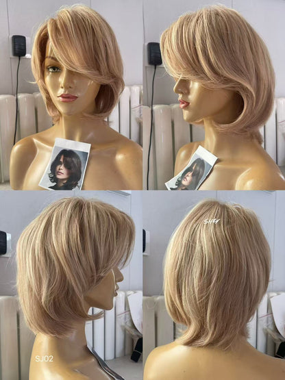 Sandy Beige Blonde Highlighted Layered Pixie Human Hair PU Patchwork Full Lace Medical Wig view 6
