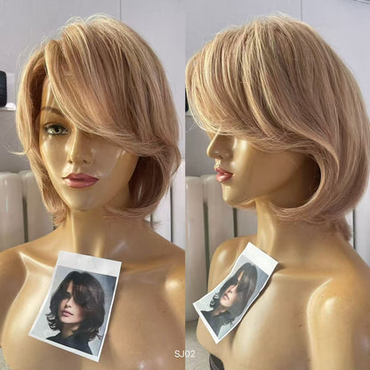 Made to Order – PU Full Lace Sandy Beige Blonde Highlighted Layered Pixie Human Hair Medical Wig product view 5