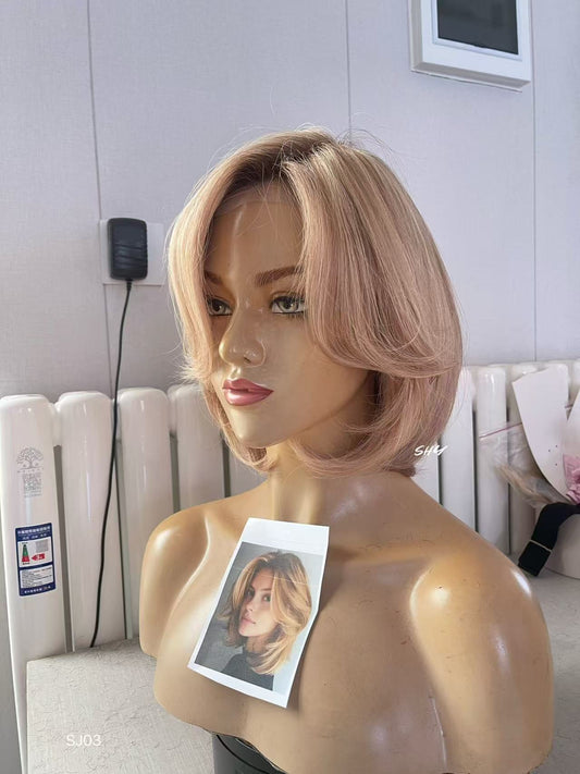 Rose Beige Blonde Highlighted Layered Pixie Human Hair PU Patchwork Full Lace Medical Wig front view