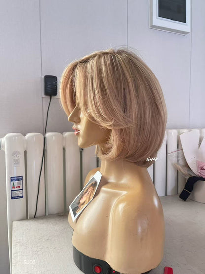 Rose Beige Blonde Highlighted Layered Pixie Human Hair PU Patchwork Full Lace Medical Wig view 2