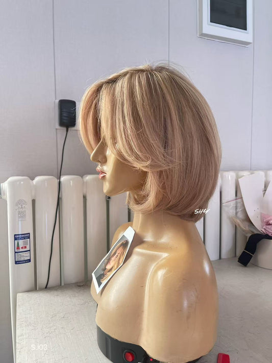 Rose Beige Blonde Highlighted Layered Pixie Human Hair PU Patchwork Full Lace Medical Wig view 2 — alternate view