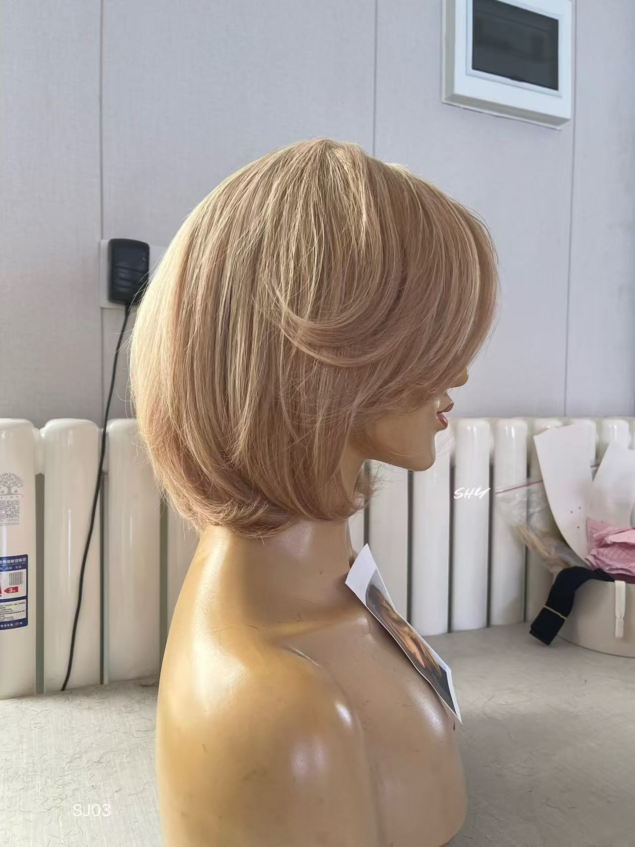 Rose Beige Blonde Highlighted Layered Pixie Human Hair PU Patchwork Full Lace Medical Wig view 3
