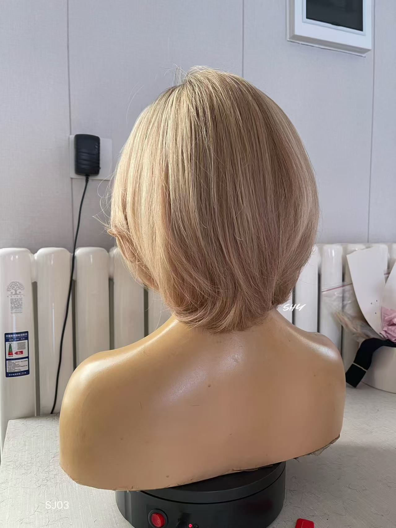 Rose Beige Blonde Highlighted Layered Pixie Human Hair PU Patchwork Full Lace Medical Wig view 4