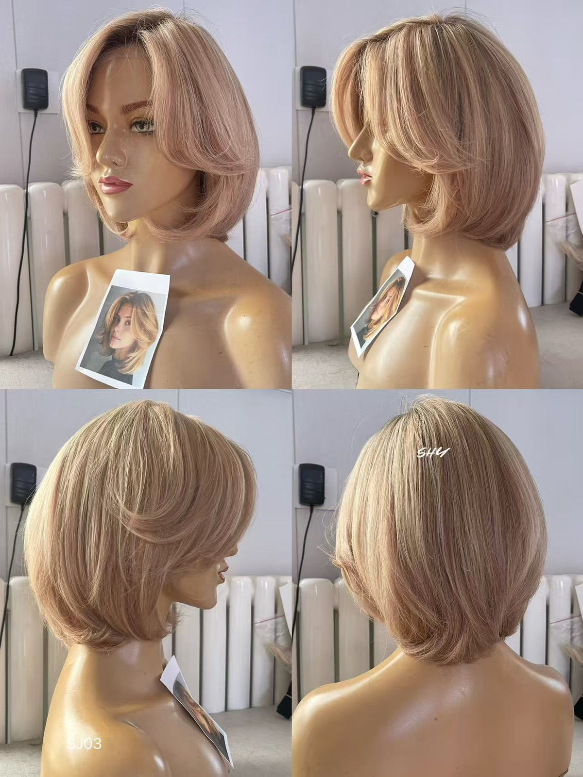 Rose Beige Blonde Highlighted Layered Pixie Human Hair PU Patchwork Full Lace Medical Wig view 5