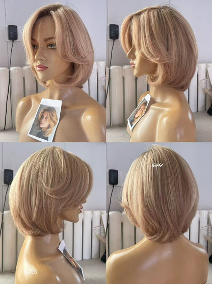 Rose Beige Blonde Highlighted Layered Pixie Human Hair PU Patchwork Full Lace Medical Wig view 5