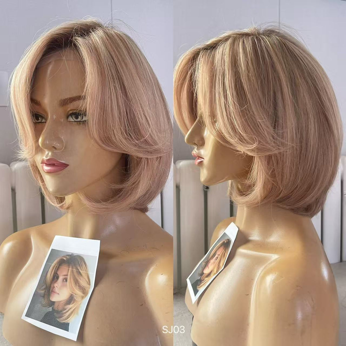 Rose Beige Blonde Highlighted Layered Pixie Human Hair PU Patchwork Full Lace Medical Wig view 6
