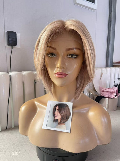 Champagne Beige Blonde Highlighted Asymmetrical Pixie Bob Human Hair PU Patchwork Full Lace Medical Wig front view