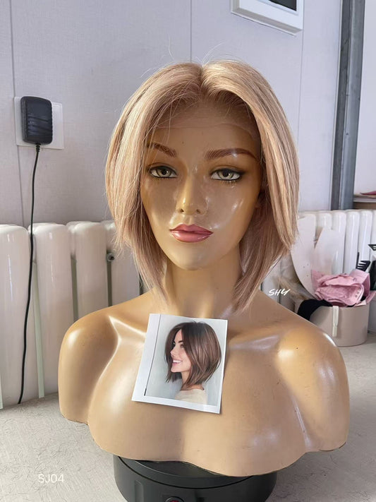 Champagne Beige Blonde Highlighted Asymmetrical Pixie Bob Human Hair PU Patchwork Full Lace Medical Wig front view