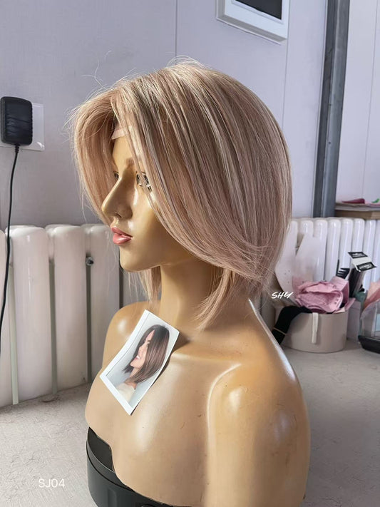 Champagne Beige Blonde Highlighted Asymmetrical Pixie Bob Human Hair PU Patchwork Full Lace Medical Wig view 2 — alternate view