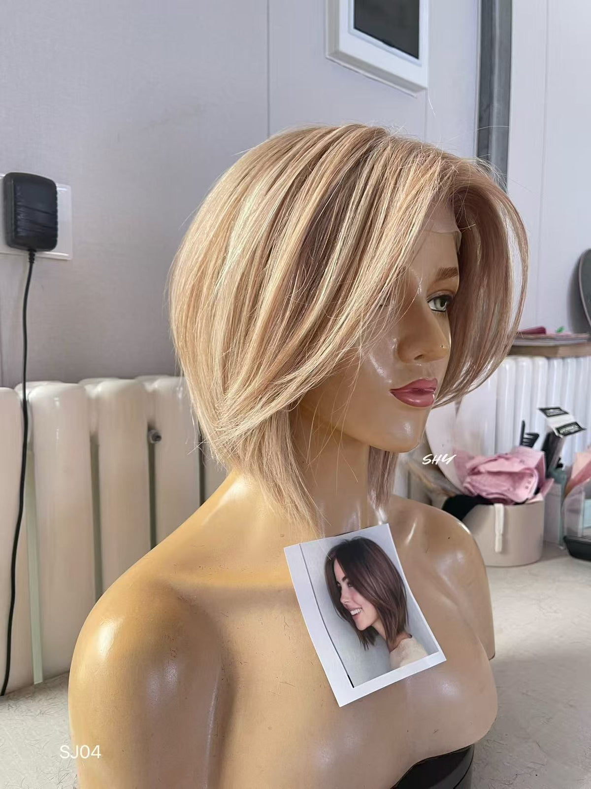 Champagne Beige Blonde Highlighted Asymmetrical Pixie Bob Human Hair PU Patchwork Full Lace Medical Wig view 3