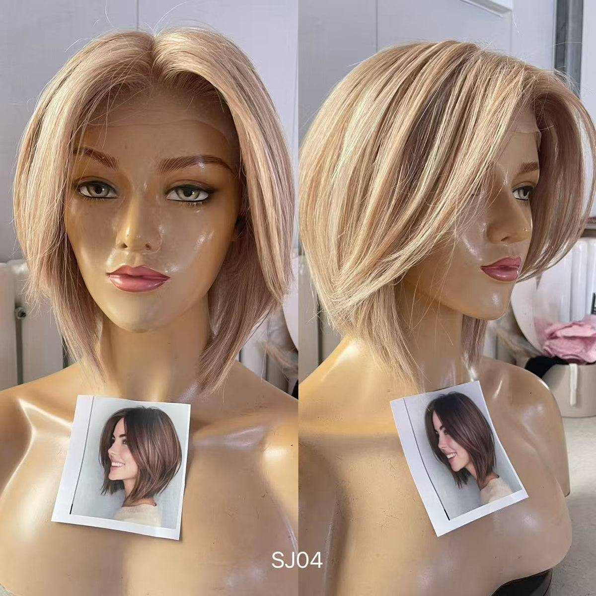 Champagne Beige Blonde Highlighted Asymmetrical Pixie Bob Human Hair PU Patchwork Full Lace Medical Wig view 4