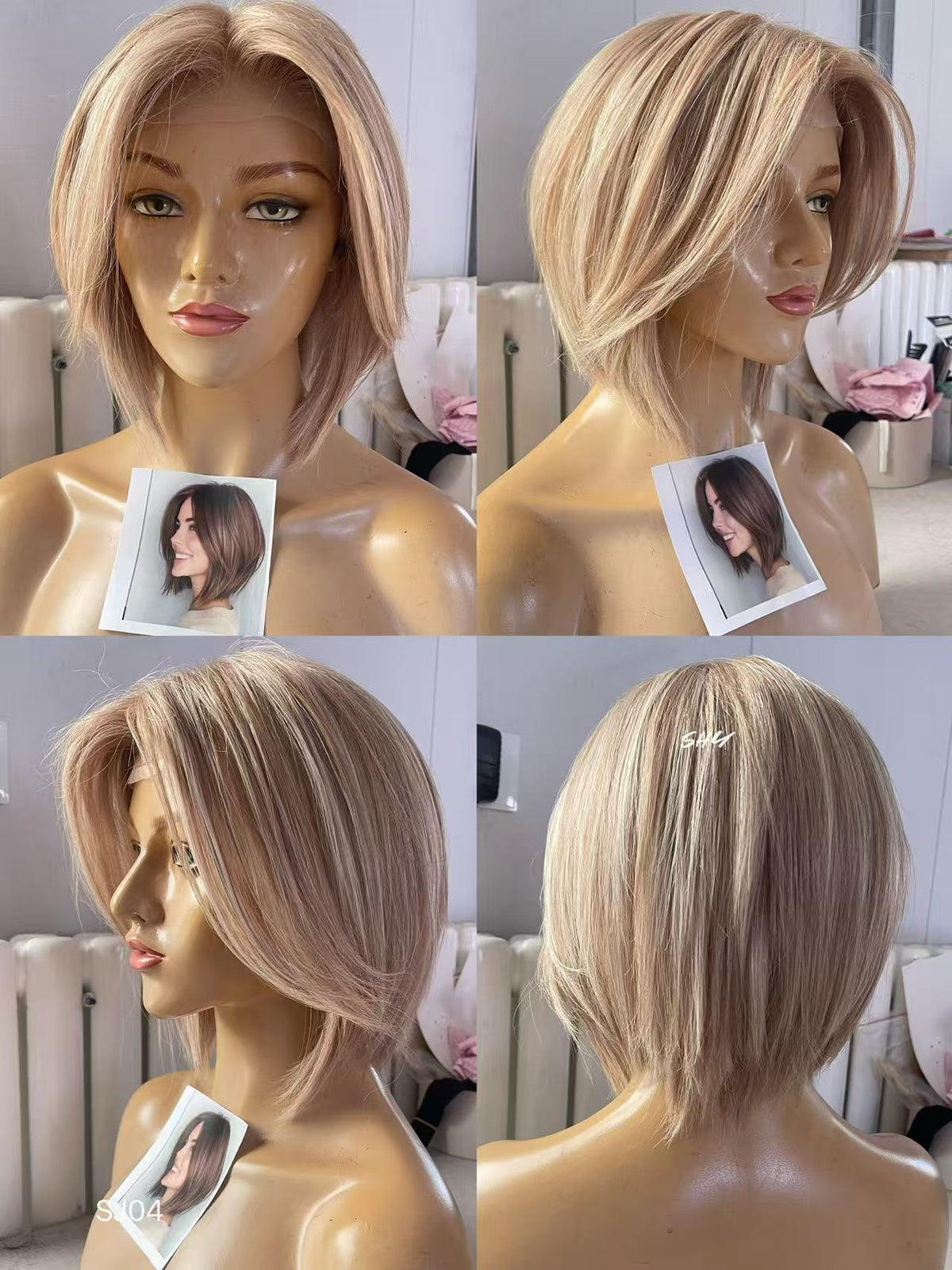 Champagne Beige Blonde Highlighted Asymmetrical Pixie Bob Human Hair PU Patchwork Full Lace Medical Wig view 5