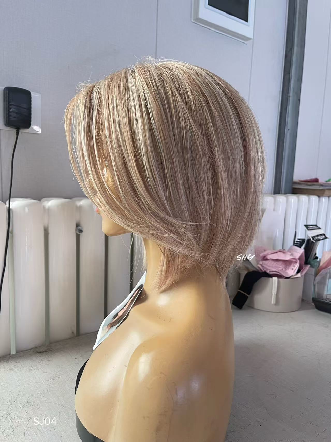 Champagne Beige Blonde Highlighted Asymmetrical Pixie Bob Human Hair PU Patchwork Full Lace Medical Wig view 6