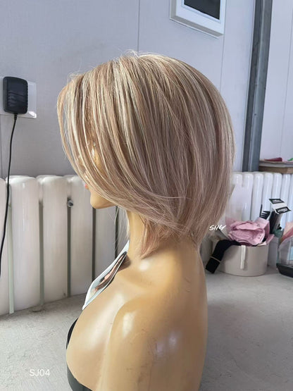 Champagne Beige Blonde Highlighted Asymmetrical Pixie Bob Human Hair PU Patchwork Full Lace Medical Wig view 6