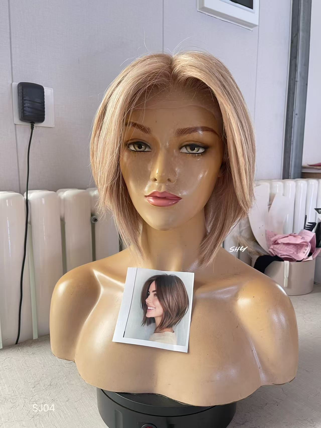 Made to Order – PU Full Lace Champagne Beige Blonde Highlighted Asymmetrical Pixie Bob Human Hair Medical Wig front view