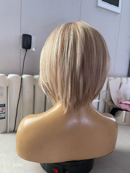 Made to Order – PU Full Lace Champagne Beige Blonde Highlighted Asymmetrical Pixie Bob Human Hair Medical Wig product view 4