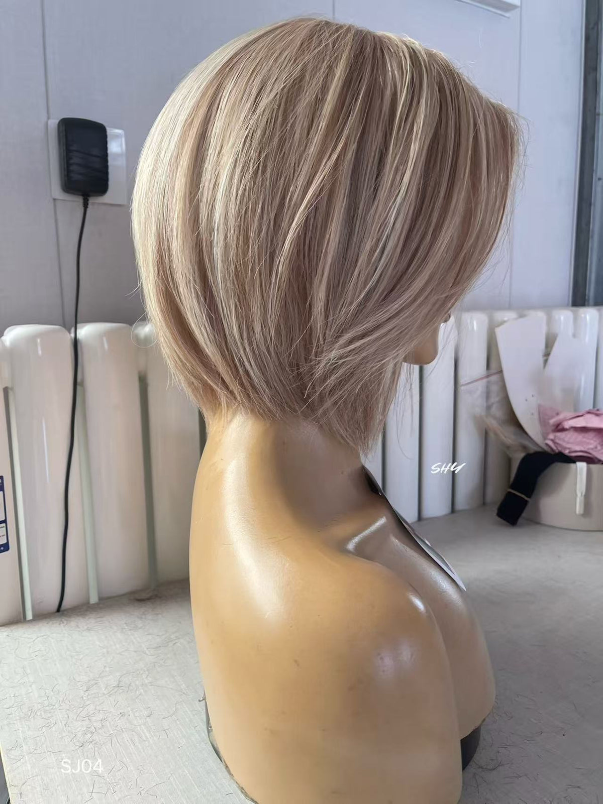 Made to Order – PU Full Lace Champagne Beige Blonde Highlighted Asymmetrical Pixie Bob Human Hair Medical Wig product view 5