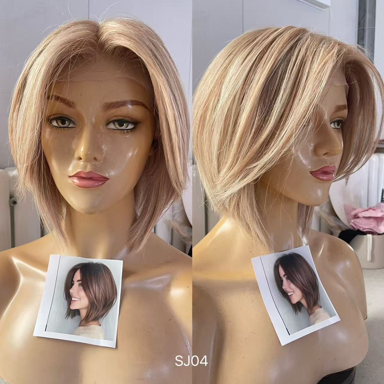 Made to Order – PU Full Lace Champagne Beige Blonde Highlighted Asymmetrical Pixie Bob Human Hair Medical Wig product view 6